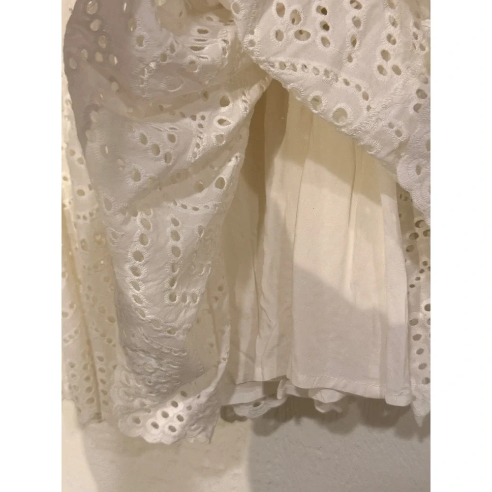 White Eyelet Lace 2 Piece‎ Set Long Sleeve Button Back Top & Tiered Mini Skirt